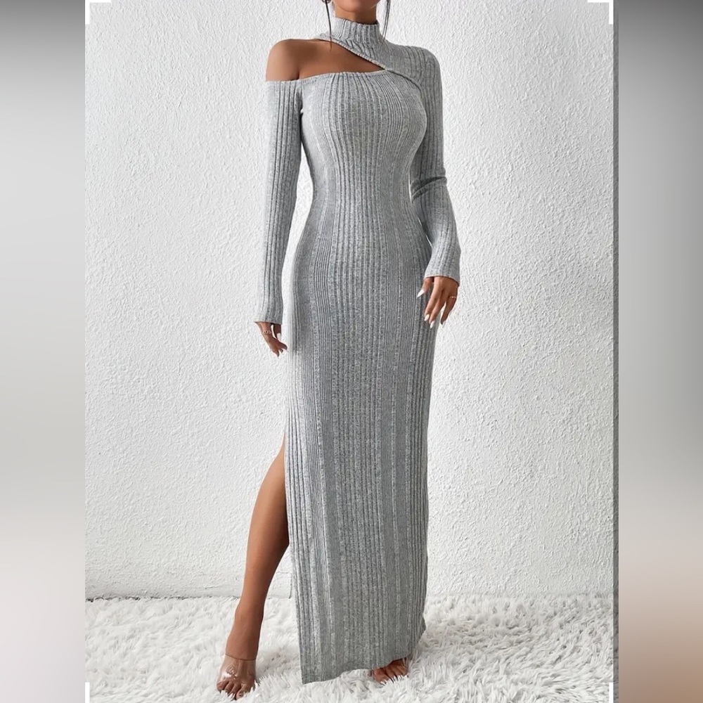 Cut Out Mock Neck Ribbed Dress